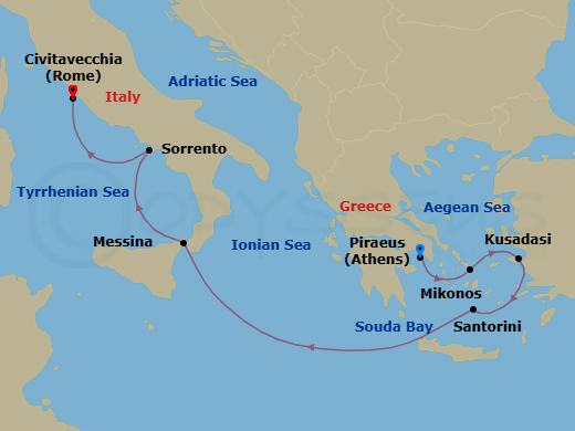 Route map: Athens (Piraeus) → Mykonos → Kusadasi → Santorini → Messina (Sicily) → Sorrento/Capri → Rome (Civitavecchia)