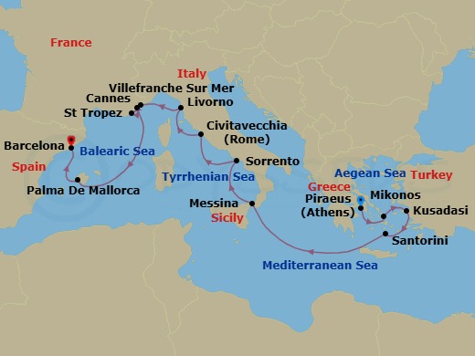 Route map: Athens (Piraeus) → Mykonos → Kusadasi → Santorini → Messina (Sicily) → Sorrento/Capri → Rome (Civitavecchia) → Tuscany (Livorno) → Villefranche → Saint-Tropez