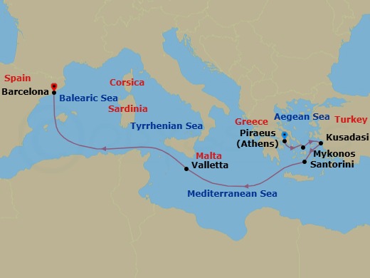 Route map: Athens (Piraeus) → Mykonos → Kusadasi → Santorini → Valletta → Barcelona