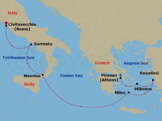 Route map: Athens (Piraeus) → Mykonos → Kusadasi → Milos → Messina (Sicily) → Sorrento/Capri → Rome (Civitavecchia)