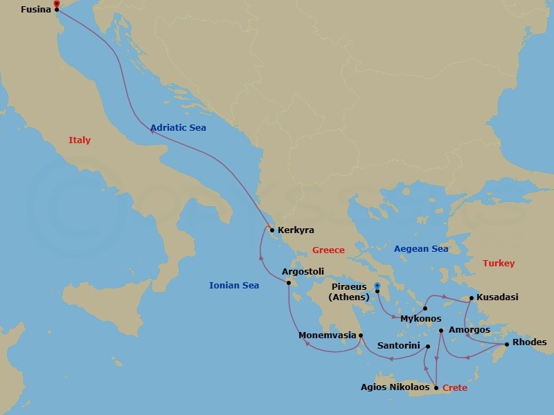 Route map: Athens (Piraeus) → Mykonos → Kusadasi → Rhodes → Amorgos → Agios Nikolaos → Santorini → Monemvasia, Greece → Argostoli → Kerkyra