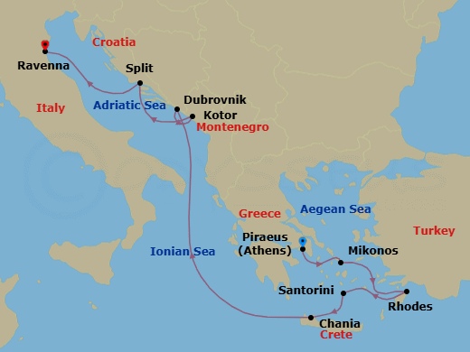 Route map: Athens (Piraeus), Greece → Mykonos, Greece → Rhodes, Greece → Santorini, Greece → Chania (Souda),Crete, Greece → Dubrovnik, Croatia → Kotor, Montenegro → Split, Croatia → Ravenna, Italy