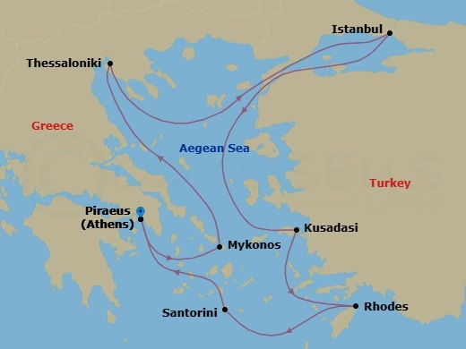 Route map: Athens (Piraeus), Greece → Mykonos, Greece → Thessaloniki, Greece → Istanbul, Turkey → Ephesus (Kusadasi), Turkey → Rhodes, Greece → Santorini, Greece → Athens (Piraeus), Greece