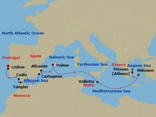 Route map: Piraeus (Athens), Greece → Mykonos, Greece → Valletta, Malta → Palma de Mallorca, Spain → Alicante, Spain → Cartagena, Spain → Tangier, Morocco → Cadiz (Seville), Spain → Lisbon, Portugal