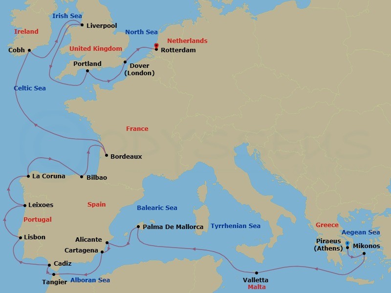Route map: Piraeus (Athens), Greece → Mykonos, Greece → Valletta, Malta → Palma de Mallorca, Spain → Alicante, Spain → Cartagena, Spain → Tangier, Morocco → Cadiz (Seville), Spain → Lisbon, Portugal → Leixoes (Porto), Portugal