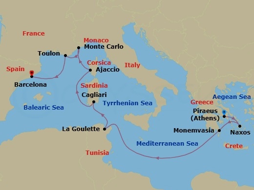 Route map: Athens (Piraeus) → Naxos → Monemvasia (Laconia) → Tunis (La Goulette) → Cagliari (Sardinia) → Ajaccio (Corsica) → Monte Carlo → Toulon → Barcelona