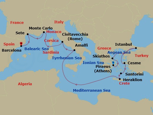 Route map: Athens (Piraeus) → Skiathos → Istanbul → Cesme → Santorini → Heraklion (Crete) → Amalfi/Positano → Rome (Civitavecchia) → Monte Carlo → Sete