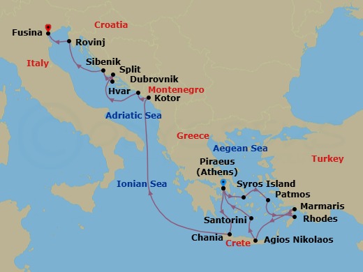 Route map: Athens (Piraeus) → Syros Island → Patmos → Rhodes → Marmaris → Agios Nikolaos → Santorini → Athens (Piraeus) → Chania → Kotor