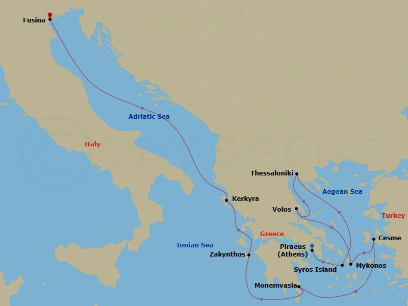 Route map: Athens (Piraeus) → Syros Island → Thessaloniki → Volos → Mykonos → Cesme, Turkey → Monemvasia, Greece → Zakynthos → Kerkyra → Fusina