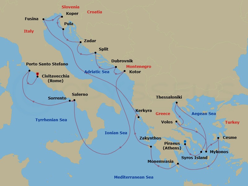 Route map: Athens (Piraeus) → Syros Island → Thessaloniki → Volos → Mykonos → Cesme, Turkey → Monemvasia, Greece → Zakynthos → Kerkyra → Fusina