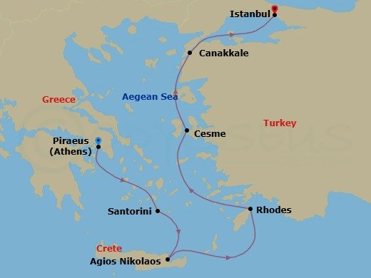 Route map: Athens (Piraeus) → Santorini → Agios Nikolaos, (Crete) → Rhodes → Cesme → Canakkale (Kepez) → Istanbul