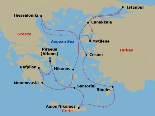 Route map: Athens (Piraeus) → Santorini → Agios Nikolaos, (Crete) → Rhodes → Cesme → Canakkale (Kepez) → Istanbul → Canakkale (Kepez) → Mytilene, Lesbos → Thessaloniki