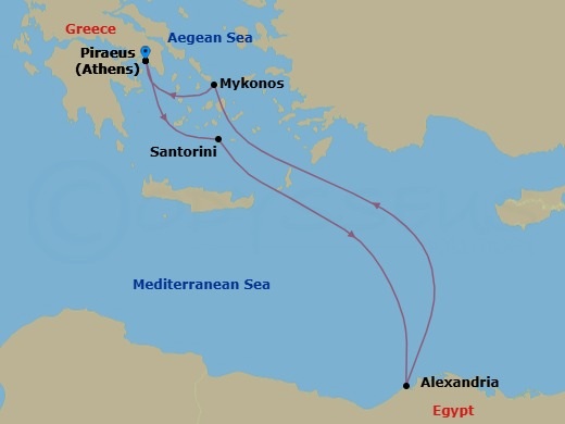 Route map: Athens (Piraeus), Greece → Santorini, Greece → Alexandria, Egypt → Mykonos, Greece → Athens (Piraeus), Greece