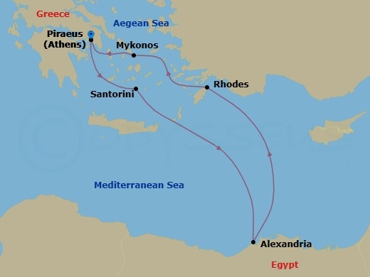 Route map: Athens (Piraeus), Greece → Santorini, Greece → Alexandria, Egypt → Rhodes, Greece → Mykonos, Greece → Athens (Piraeus), Greece