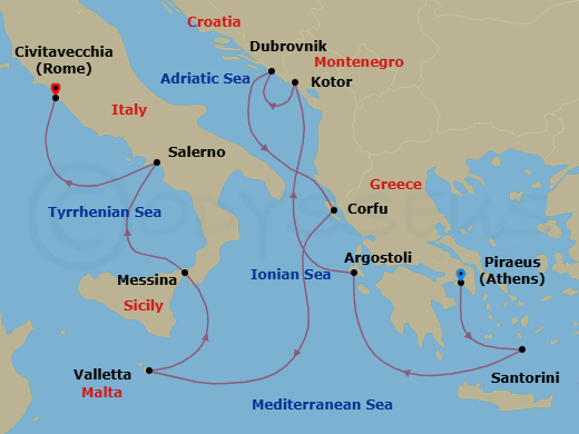 Route map: Athens (Piraeus) → Santorini → Argostoli (Cephalonia) → Kotor → Dubrovnik → Corfu → Valletta → Messina (Sicily) → Salerno → Rome (Civitavecchia)
