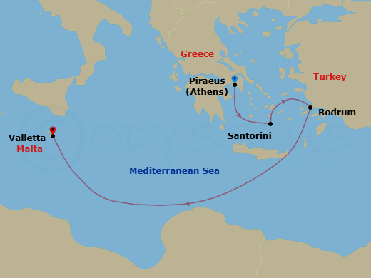 Route map: Athens (Piraeus) → Santorini → Bodrum → Valletta