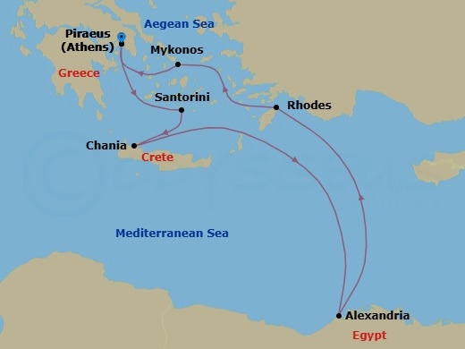Route map: Athens (Piraeus), Greece → Santorini, Greece → Chania (Souda),Crete, Greece → Alexandria, Egypt → Rhodes, Greece → Mykonos, Greece → Athens (Piraeus), Greece