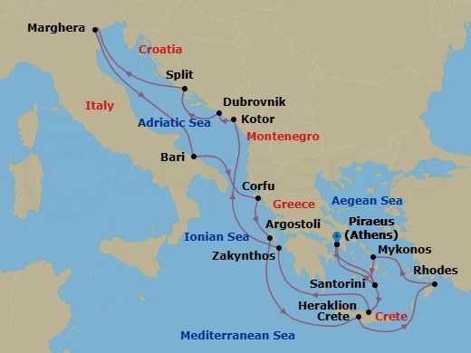 Route map: Piraeus (Athens) → Thira (Santorini) → Heraklion (Crete) → Zakynthos → Kotor → Dubrovnik → Split → Marghera (Venice) → Bari → Corfu