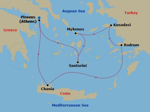 Route map: Athens (Piraeus) → Santorini → Mykonos → Kusadasi → Bodrum → Chania → Athens (Piraeus)