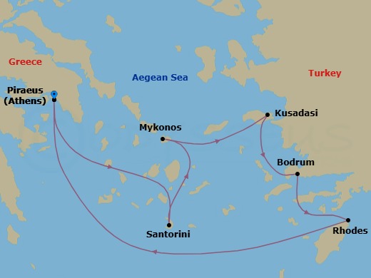 Route map: Athens (Piraeus), Greece → Santorini, Greece → Mykonos, Greece → Ephesus (Kusadasi), Turkey → Bodrum, Turkey → Rhodes, Greece → Athens (Piraeus), Greece