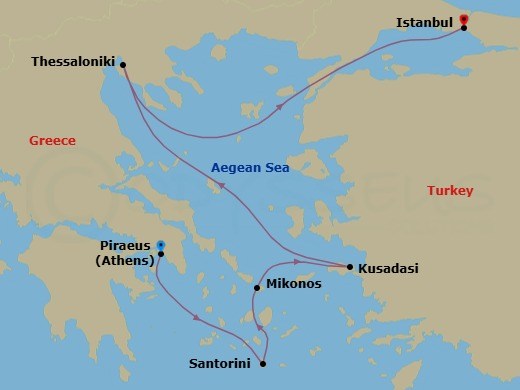 Route map: Piraeus (Athens), Greece → Thira (Santorini), Greece → Mykonos, Greece → Kusadasi (Ephesus), Turkey → Thessaloniki, Greece → Istanbul, Turkey