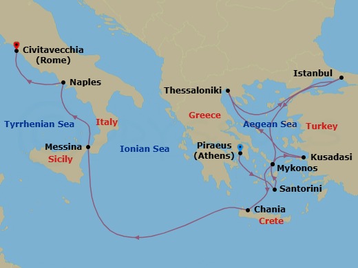 Route map: Piraeus (Athens), Greece → Thira (Santorini), Greece → Mykonos, Greece → Kusadasi (Ephesus), Turkey → Thessaloniki, Greece → Istanbul, Turkey → Mykonos, Greece → Souda (Chania), Greece → Messina, Italy → Naples (Pompeii/Amalfi), Italy
