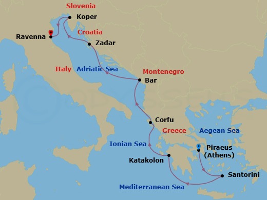 Route map: Piraeus  Athens, Greece → Santorini Island, Greece → Olympia  Katakolon, Greece → Corfu, Greece → Bar  Montenegro → Zadar, Croatia → Koper, Slovenia → Venice (Ravenna), Italy