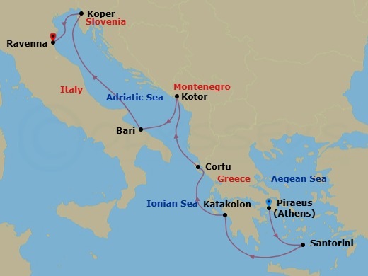 Route map: Piraeus  Athens, Greece → Santorini Island, Greece → Olympia  Katakolon, Greece → Corfu, Greece → Kotor, Montenegro → Bari, Italy → Koper, Slovenia → Venice (Ravenna), Italy