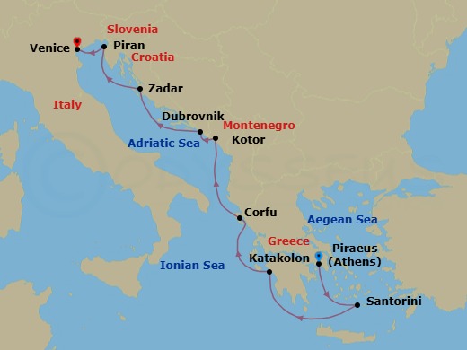 Route map: Athens (Piraeus) → Santorini (Thira) → Katakolon (Olympia) → Corfu (Kerkyra) → Kotor → Dubrovnik → Zadar → Piran → Venice