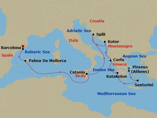Route map: Piraeus  Athens, Greece → Santorini Island, Greece → Olympia  Katakolon, Greece → Corfu, Greece → Kotor, Montenegro → Split, Croatia → Catania, Italy → Palma Majorca, Spain → Barcelona, Spain