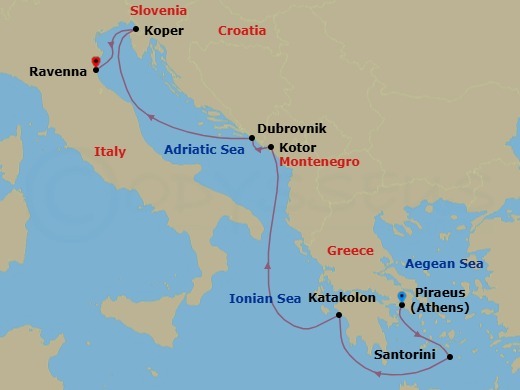 Route map: Piraeus  Athens, Greece → Santorini Island, Greece → Olympia  Katakolon, Greece → Kotor, Montenegro → Dubrovnik, Croatia → Koper, Slovenia → Venice (Ravenna), Italy