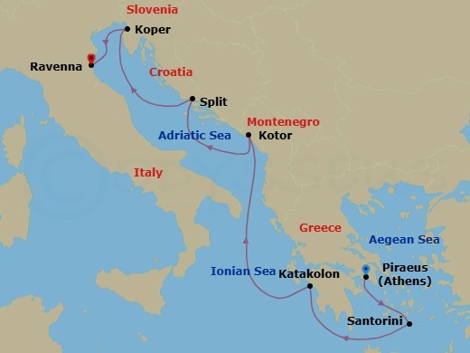 Route map: Piraeus  Athens, Greece → Santorini Island, Greece → Olympia  Katakolon, Greece → Kotor, Montenegro → Split, Croatia → Koper, Slovenia → Venice (Ravenna), Italy