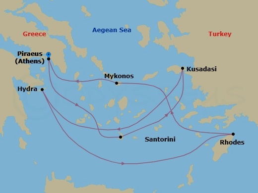 Route map: Athens (Piraeus), Greece → Santorini, Greece → Ephesus (Kusadasi), Turkey → Hydra, Greece → Rhodes, Greece → Mykonos, Greece → Athens (Piraeus), Greece