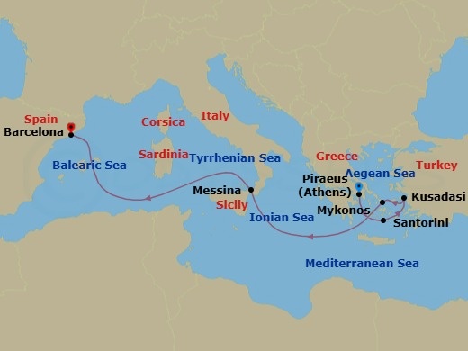 Route map: Athens (Piraeus), Greece → Santorini, Greece → Ephesus (Kusadasi), Turkey → Mykonos, Greece → Sicily (Messina), Italy → Barcelona, Spain