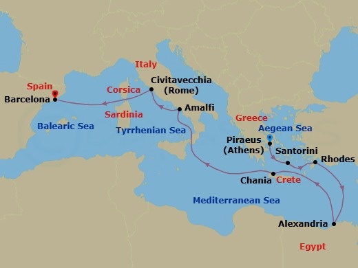 Route map: Athens (Piraeus), Greece → Santorini, Greece → Rhodes, Greece → Alexandria, Egypt → Chania (Souda),Crete, Greece → Amalfi Coast (Salerno),Italy → Rome (Civitavecchia), Italy → Barcelona, Spain