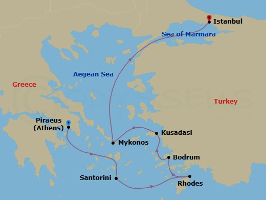 Route map: Athens (Piraeus), Greece → Santorini, Greece → Rhodes, Greece → Bodrum, Turkey → Ephesus (Kusadasi), Turkey → Mykonos, Greece → Istanbul, Turkey