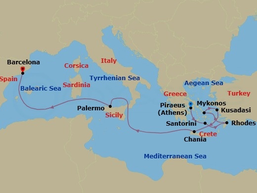 Route map: Athens (Piraeus), Greece → Santorini, Greece → Rhodes, Greece → Mykonos, Greece → Ephesus (Kusadasi), Turkey → Chania (Souda),Crete, Greece → Sicily (Palermo),Italy → Barcelona, Spain