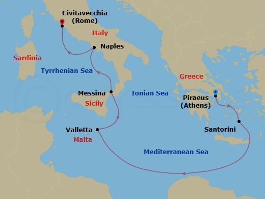 Route map: Piraeus (Athens) → Santorini → La Valletta → Messina (Sicily) → Port Of Naples → Civitavecchia (Rome)