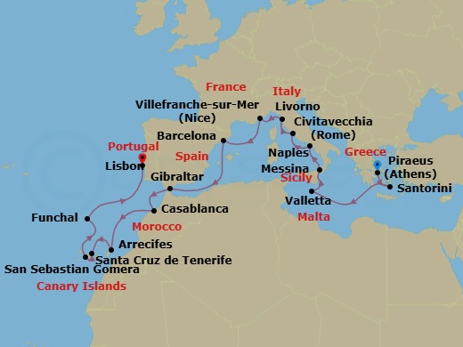 Route map: Piraeus (Athens) → Santorini → La Valletta → Messina (Sicily) → Port Of Naples → Civitavecchia (Rome) → Livorno (Florence) → Villefranche-Sur-Mer(Nice) → Barcelona → Gibraltar