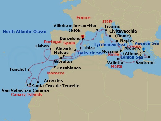 Route map: Athens (Piraeus) → Santorini → Valletta → Messina → Naples → Rome (Civitavecchia) → Livorno → Nice (Villefranche-sur-Mer) → Barcelona → Gibraltar