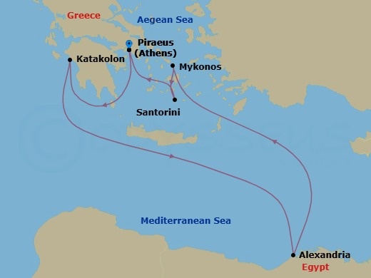 Route map: Athens (Piraeus), Greece → Olympia (Katakolon), Greece → Alexandria, Egypt → Mykonos, Greece → Santorini, Greece → Athens (Piraeus), Greece