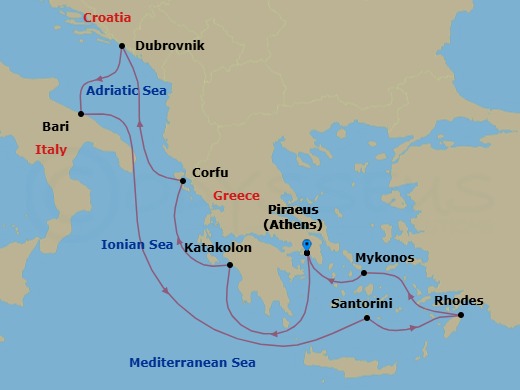 Route map: Athens (Piraeus) → Katakolon → Corfu → Dubrovnik → Bari → Santorini → Rhodes → Mykonos → Athens (Piraeus)