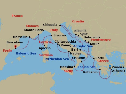 Route map: Athens (Piraeus) → Katakolon (Olympia) → Corfu (Kerkyra) → Kotor → Dubrovnik → Split → Venice (Chioggia) → Sibenik → Bari → Crotone