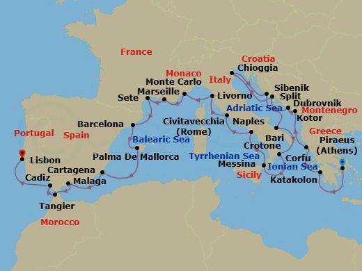 Route map: Athens (Piraeus) → Katakolon (Olympia) → Corfu (Kerkyra) → Kotor → Dubrovnik → Split → Venice (Chioggia) → Sibenik → Bari → Crotone