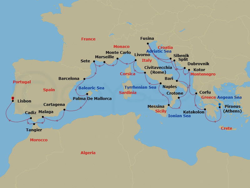 Route map: Athens (Piraeus) → Katakolon (Olympia) → Corfu (Kerkyra) → Kotor → Dubrovnik → Split → Venice (Fusina) → Sibenik → Bari → Crotone