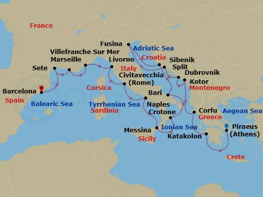 Route map: Athens (Piraeus) → Katakolon (Olympia) → Corfu (Kerkyra) → Kotor → Dubrovnik → Split → Venice (Fusina) → Sibenik → Bari → Crotone