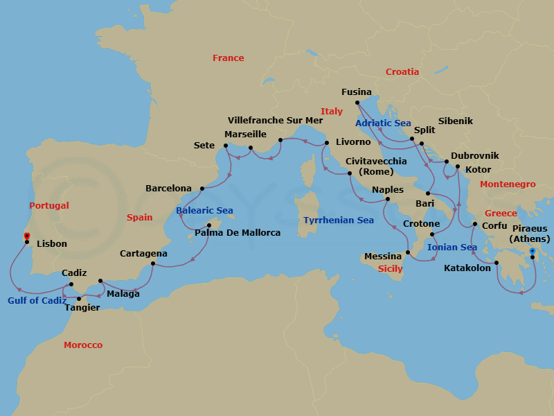 Route map: Athens (Piraeus) → Katakolon (Olympia) → Corfu (Kerkyra) → Kotor → Dubrovnik → Split → Venice (Fusina) → Sibenik → Bari → Crotone