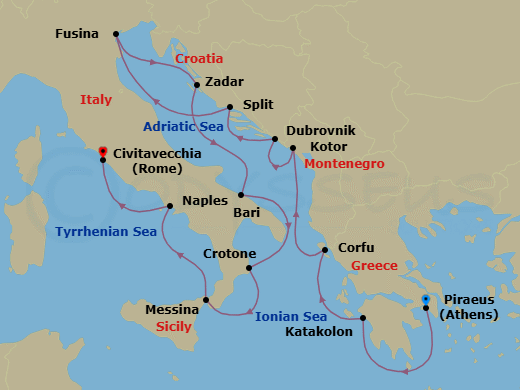 Route map: Athens (Piraeus) → Katakolon (Olympia) → Corfu (Kerkyra) → Kotor → Dubrovnik → Split → Venice (Fusina) → Zadar → Bari → Crotone