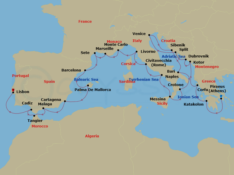 Route map: Athens (Piraeus) → Katakolon (Olympia) → Corfu (Kerkyra) → Kotor → Dubrovnik → Split → Venice → Sibenik → Bari → Crotone