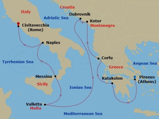 Route map: Athens (Piraeus) → Katakolon → Corfu → Kotor → Dubrovnik → Valletta → Messina (Sicily) → Naples/Pompeii → Rome (Civitavecchia)